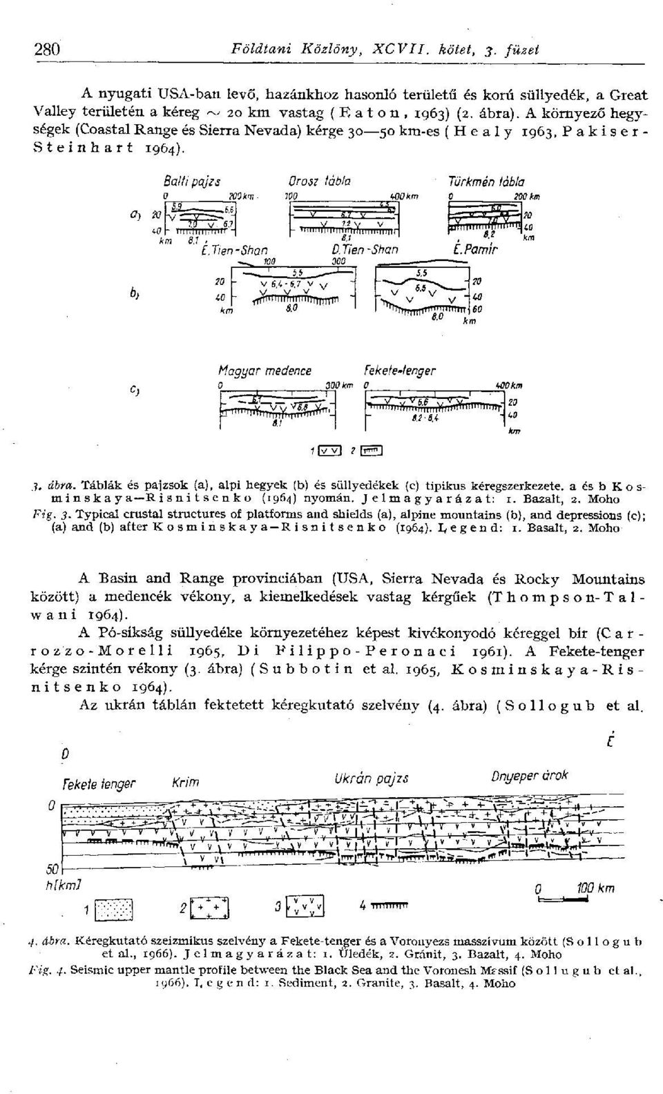 Táblák és pajzsok (a), alpi hegyek (b) és süllyedékek (c) tipikus kéregszerkezete, a és b К о s- m i n s ka y a R i s n i t s e n к о (1964) nyomán. Jelmagyarázat: 1. Bazalt, 2. Moho Fig. 3.