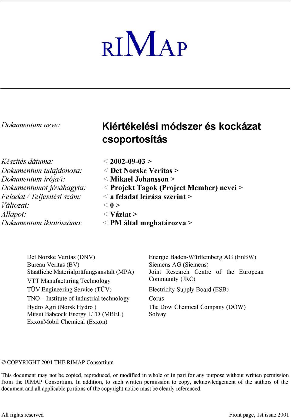 Staatliche Materialprüfungsanstalt (MPA) VTT Manufacturing Technology TÜV Engineering Service (TÜV) TNO Institute of industrial technology Hydro Agri (Norsk Hydro ) Mitsui Babcock Energy LTD (MBEL)