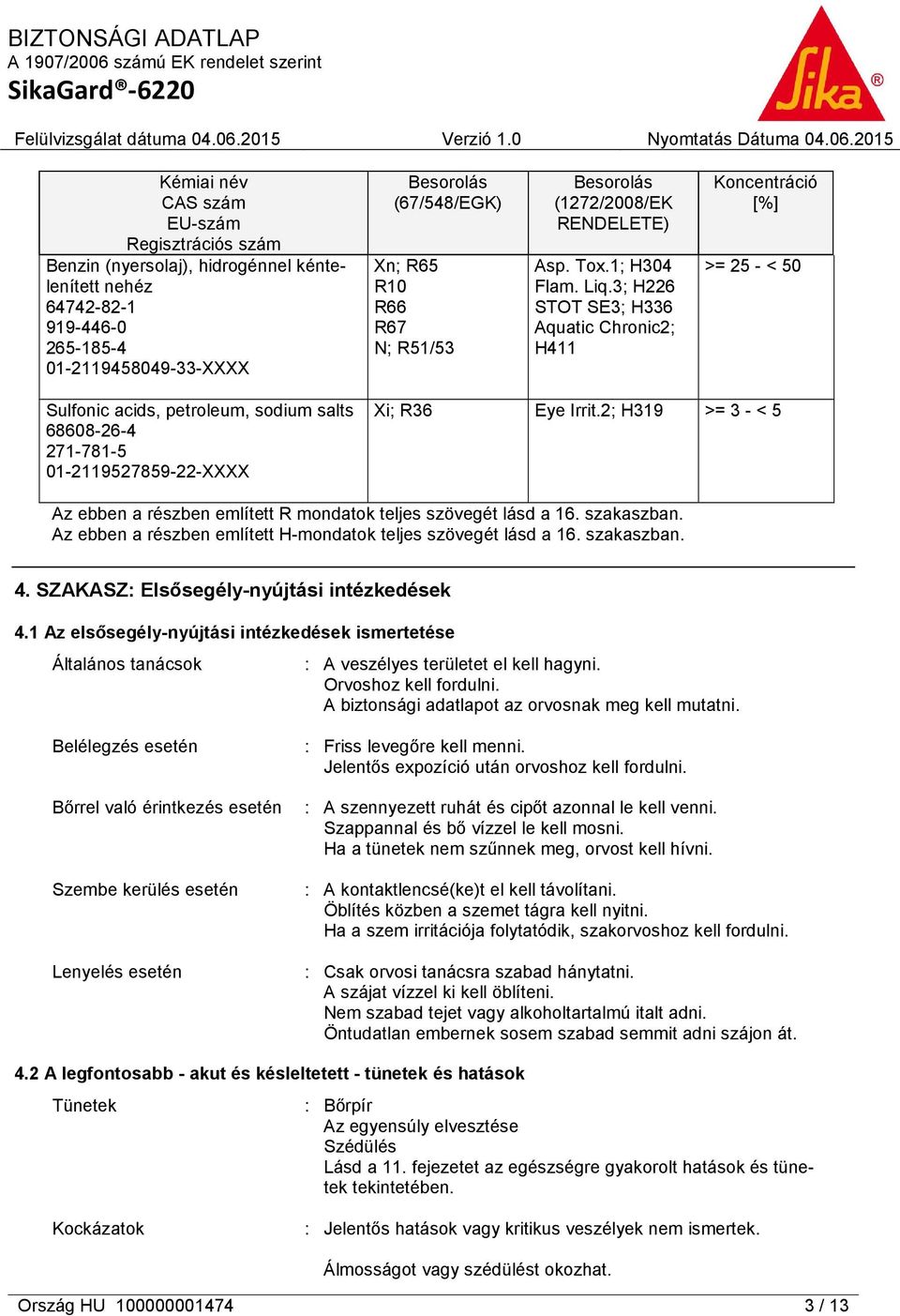 3; H226 STOT SE3; H336 Aquatic Chronic2; H411 Koncentráció [%] >= 25 - < 50 Sulfonic acids, petroleum, sodium salts 68608-26-4 271-781-5 01-2119527859-22-XXXX Xi; R36 Eye Irrit.