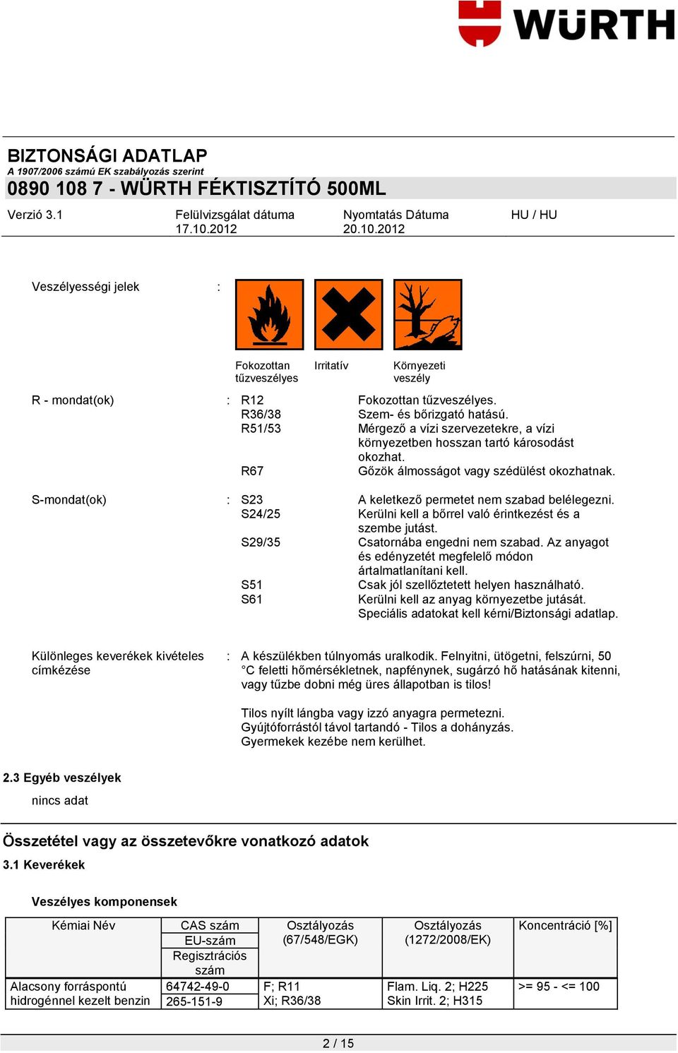 S-mondat(ok) : S23 A keletkező permetet nem szabad belélegezni. S24/25 Kerülni kell a bőrrel való érintkezést és a szembe jutást. S29/35 Csatornába engedni nem szabad.