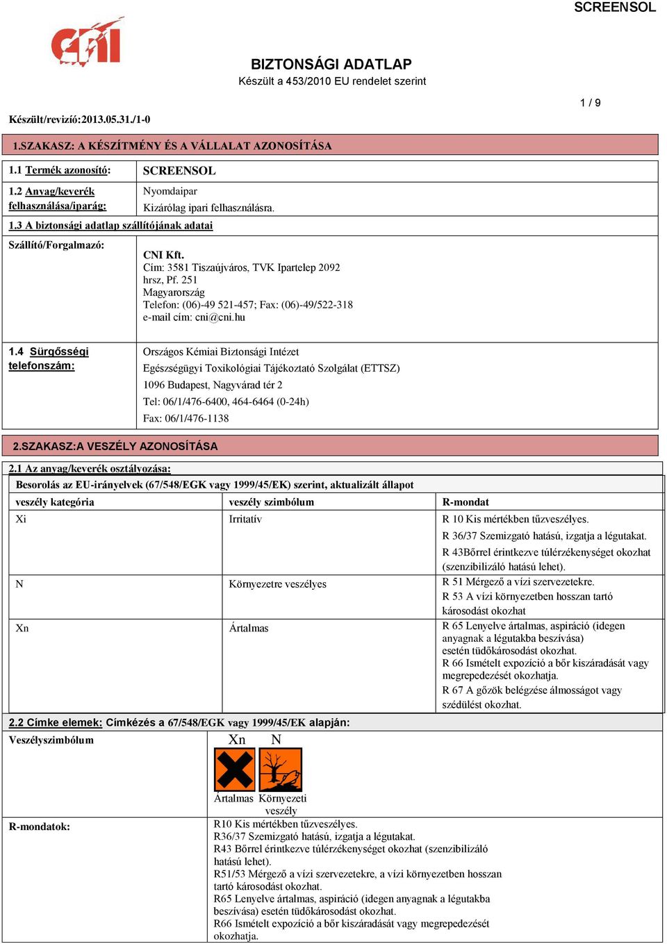 Cím: 3581 Tiszaújváros, TVK Ipartelep 2092 hrsz, Pf. 251 Magyarország Telefon: (06)-49 521-457; Fax: (06)-49/522-318 e-mail cím: cni@cni.hu 1.