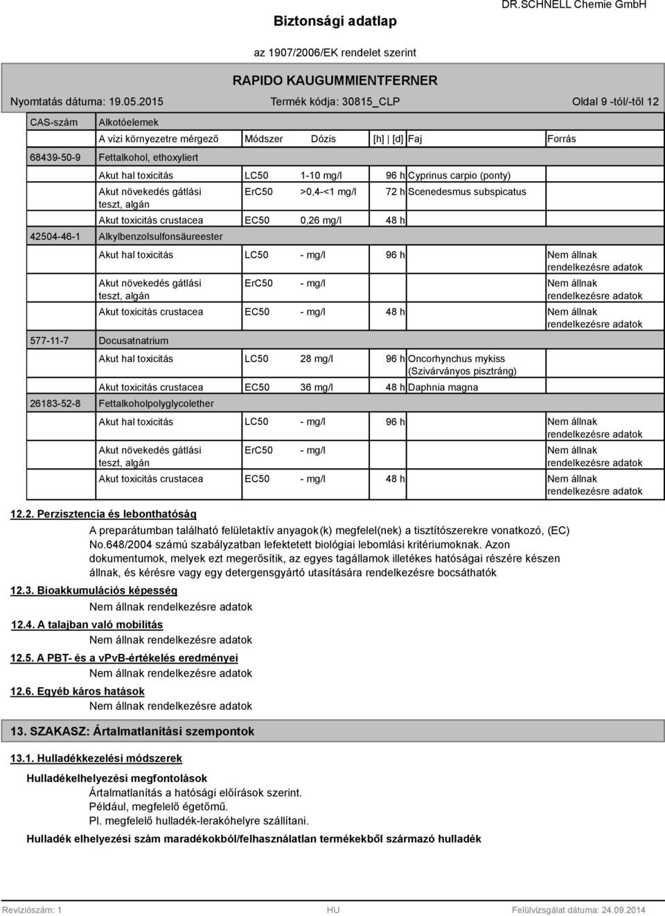 toxicitás LC50 - mg/l 96 h Nem állnak rendelkezésre adatok Akut növekedés gátlási teszt, algán ErC50 - mg/l 48 h Nem állnak rendelkezésre adatok Akut toxicitás crustacea EC50 - mg/l 48 h Nem állnak