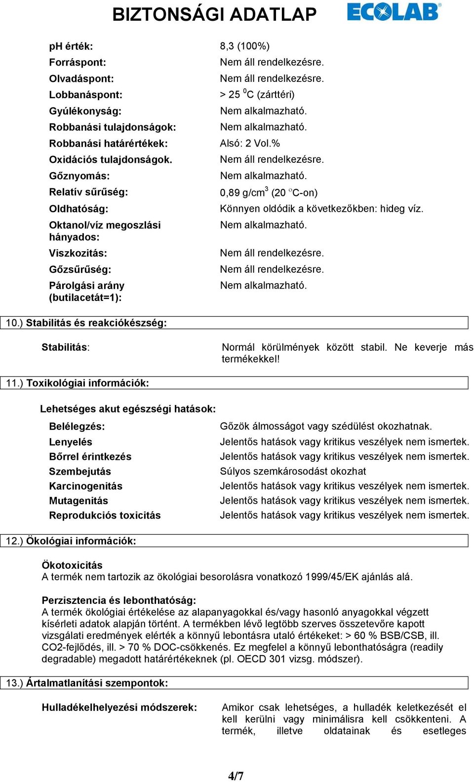 % 0,89 g/cm 3 (20 ο C-on) Könnyen oldódik a következőkben: hideg víz. Stabilitás: Normál körülmények között stabil. Ne keverje más termékekkel! 11.