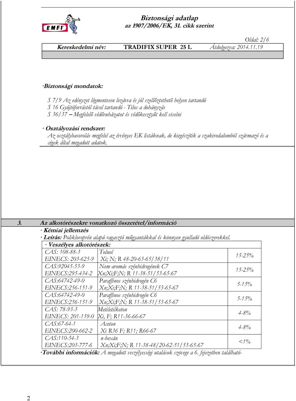 Az alkotórészekre vonatkozó összetétel/információ Kémiai jellemzés Leírás: Polikloroprén alapú ragasztó műgyantákkal és könnyen gyulladó oldószerekkel.