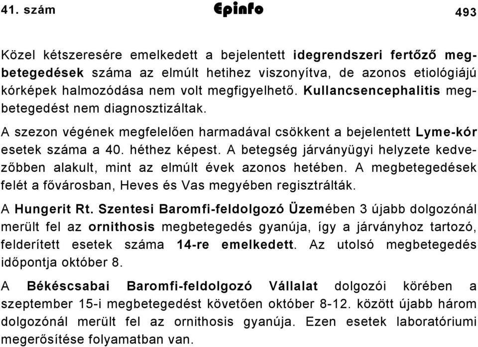 A betegség járványügyi helyzete kedvezőbben alakult, mint az elmúlt évek azonos hetében. A megbetegedések felét a fővárosban, Heves és Vas megyében regisztrálták. A Hungerit Rt.