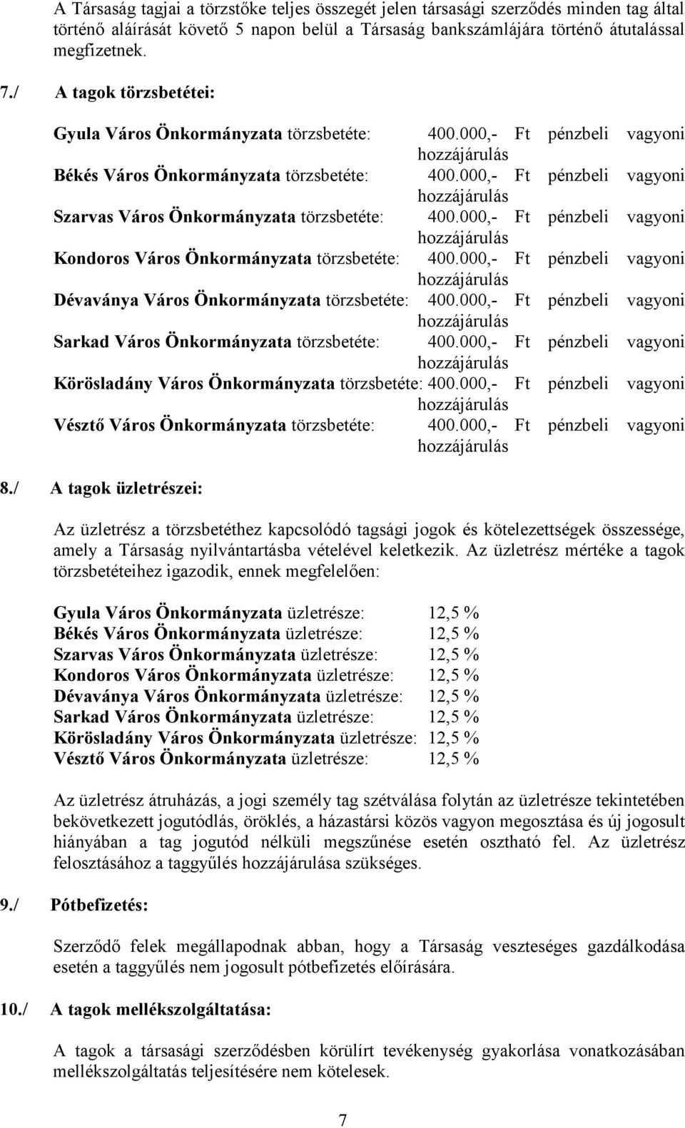 000,- Ft pénzbeli vagyoni Szarvas Város Önkormányzata törzsbetéte: 400.000,- Ft pénzbeli vagyoni Kondoros Város Önkormányzata törzsbetéte: 400.