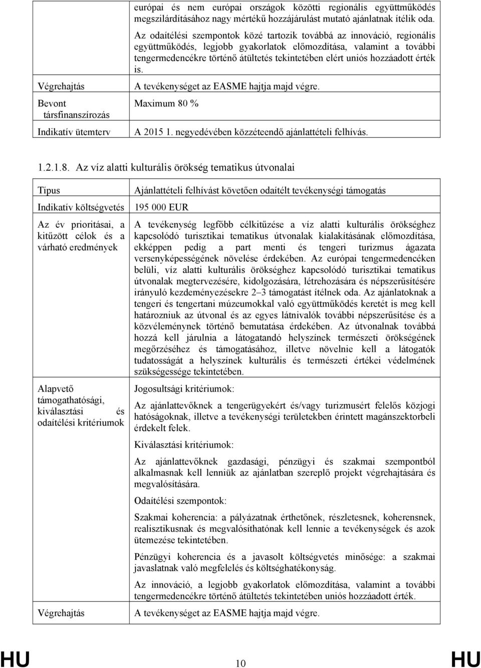 hozzáadott érték is. A tevékenységet az EASME hajtja majd végre. A 2015 1. negyedévében közzéteendő ajánlattételi felhívás. 1.2.1.8.