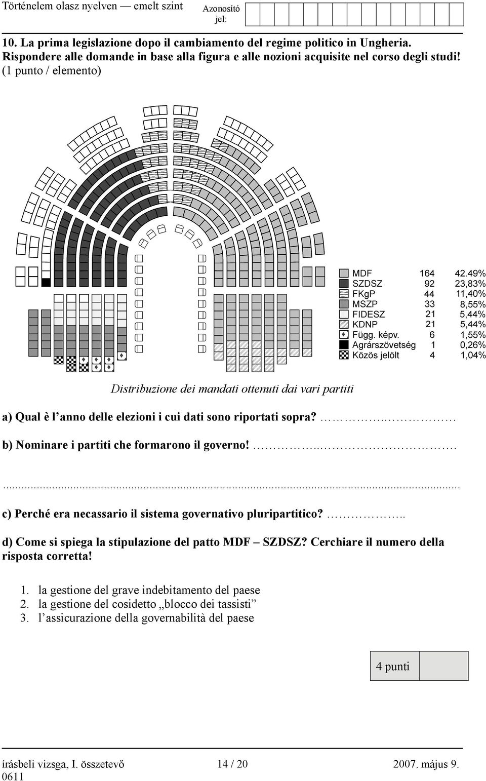 ...... c) Perché era necassario il sistema governativo pluripartitico?.. d) Come si spiega la stipulazione del patto MDF SZDSZ? Cerchiare il numero della risposta corretta! 1.