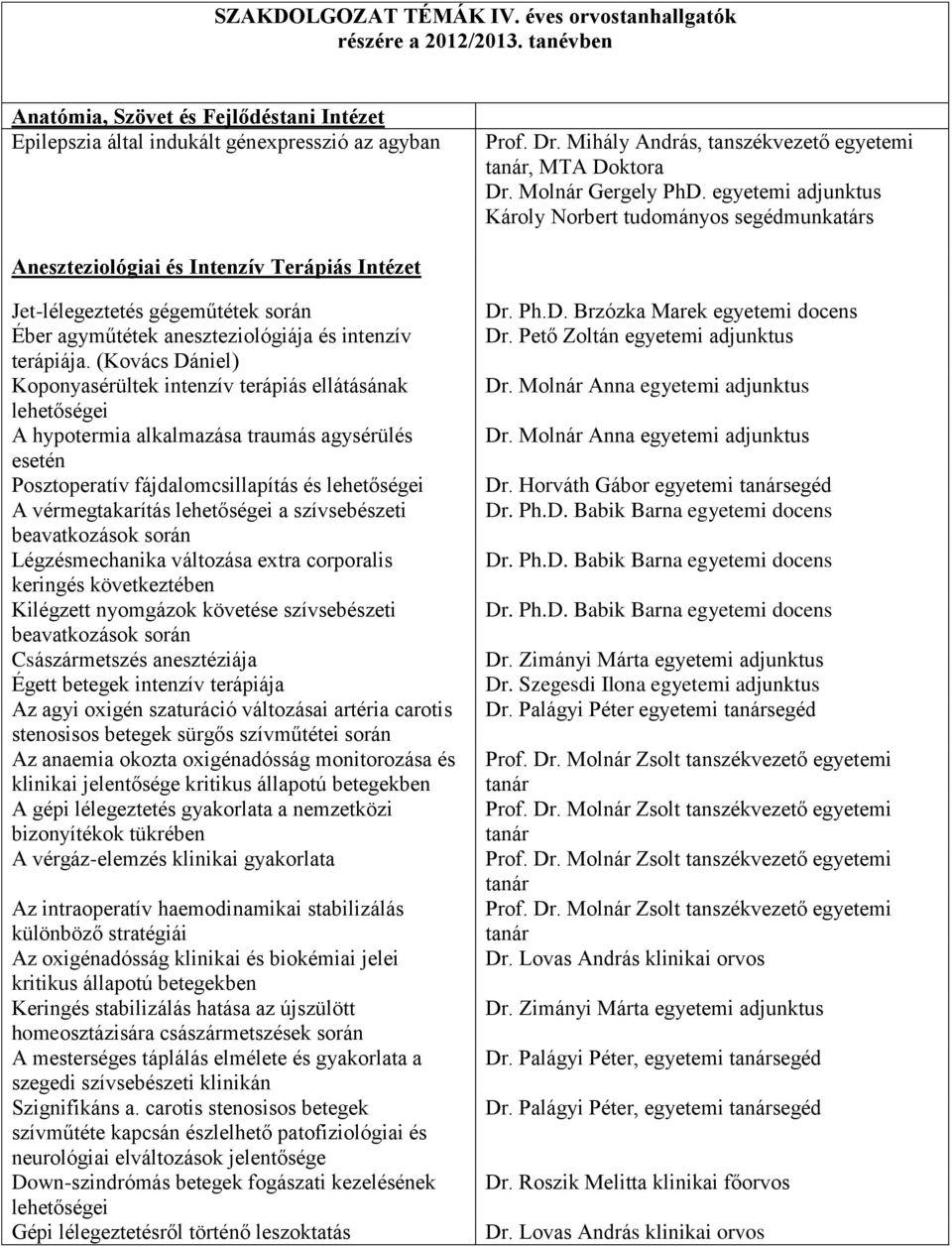egyetemi adjunktus Károly Norbert tudományos segédmunkatárs Aneszteziológiai és Intenzív Terápiás Intézet Jet-lélegeztetés gégeműtétek során Éber agyműtétek aneszteziológiája és intenzív terápiája.