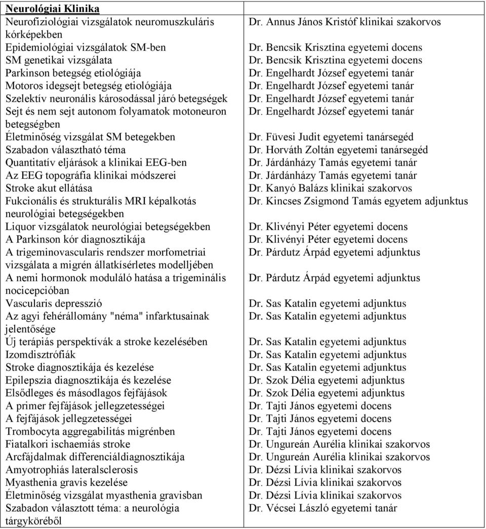 eljárások a klinikai EEG-ben Az EEG topográfia klinikai módszerei Stroke akut ellátása Fukcionális és strukturális MRI képalkotás neurológiai betegségekben Liquor vizsgálatok neurológiai
