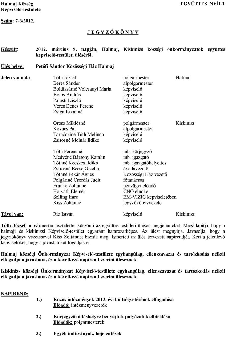 Petőfi Sándor Közösségi Ház Halmaj Jelen vannak: Tóth József polgármester Halmaj Béres Sándor alpolgármester Boldizsárné Volcsányi Mária képviselő Botos András képviselő Palásti László képviselő