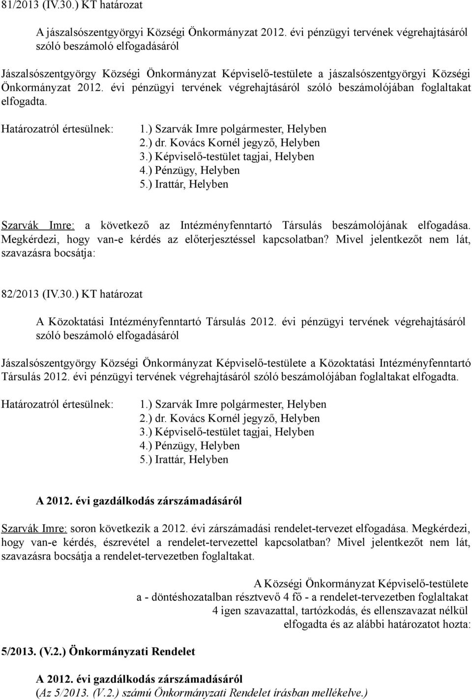 évi pénzügyi tervének végrehajtásáról szóló beszámolójában foglaltakat elfogadta. 4.) Pénzügy, Helyben 5.