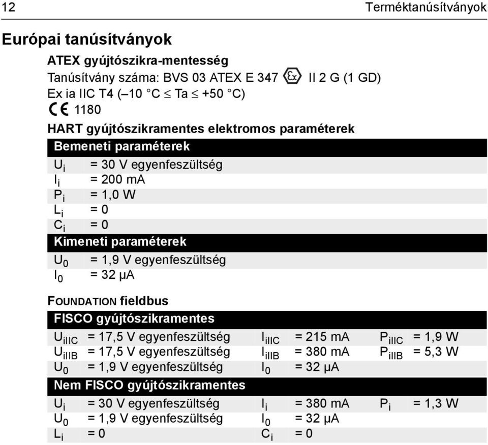 egyenfeszültség I 0 = 32 µa FOUNDATION fieldbus FISCO gyújtószikramentes U iiic = 17,5 V egyenfeszültség I iiic = 215 ma P iiic = 1,9 W U iiib = 17,5 V egyenfeszültség I iiib