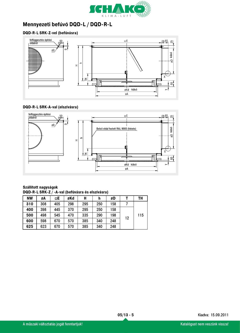 DQD-R-L SRK-Z / -A-val (befúvásra és elszívásra) NW øa E økd H h ød T TH 310 308 405 298 295 250 158 7 400