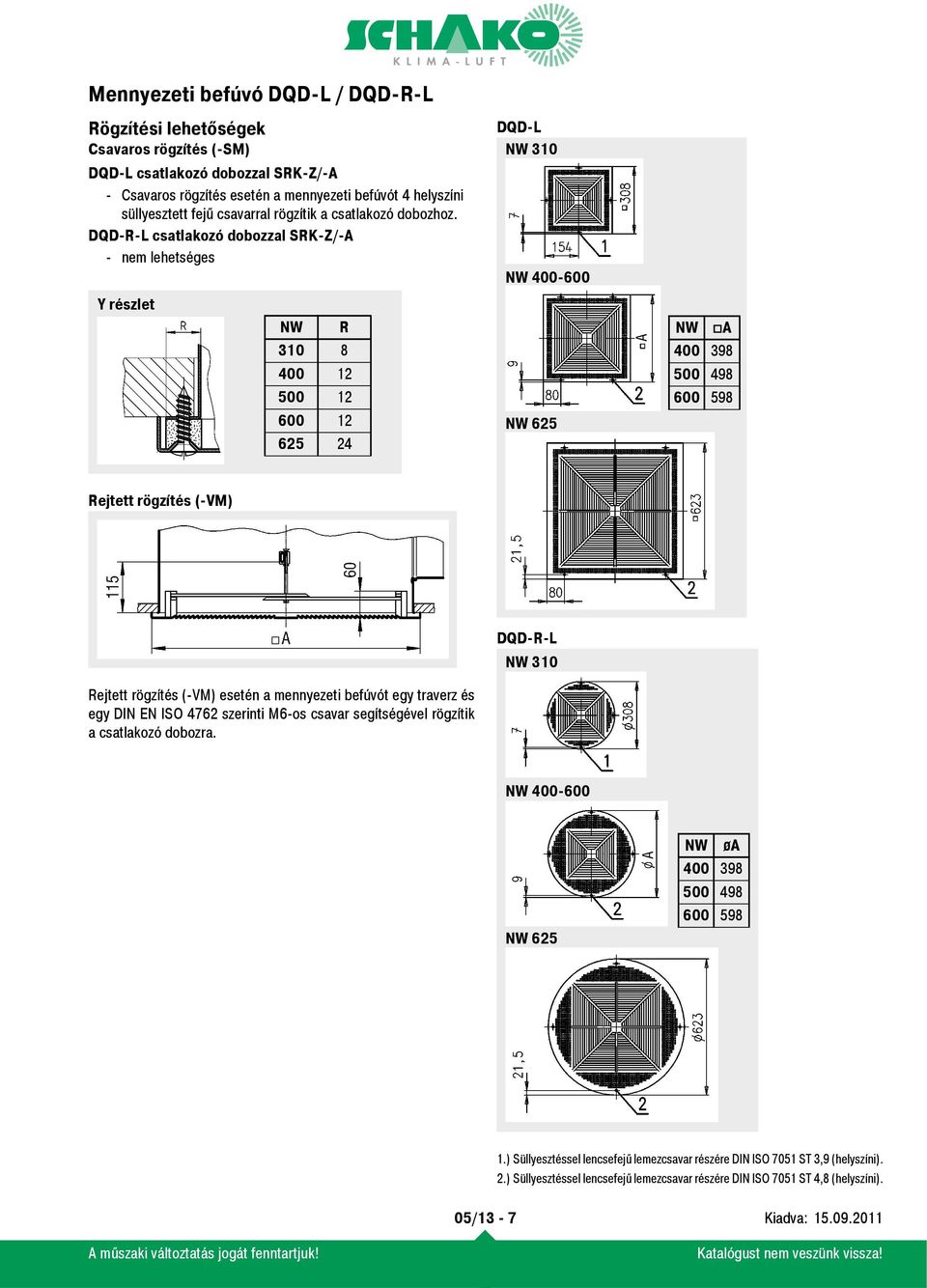 DQD-R-L csatlakozó dobozzal SRK-Z/-A - nem lehetséges DQD-L NW 310 NW 400-600 Y részlet NW R NW A 310 8 A 400 398 400 12 500 498 500 12 600 598 600 12 NW 625 625 24 Rejtett rögzítés (-VM)