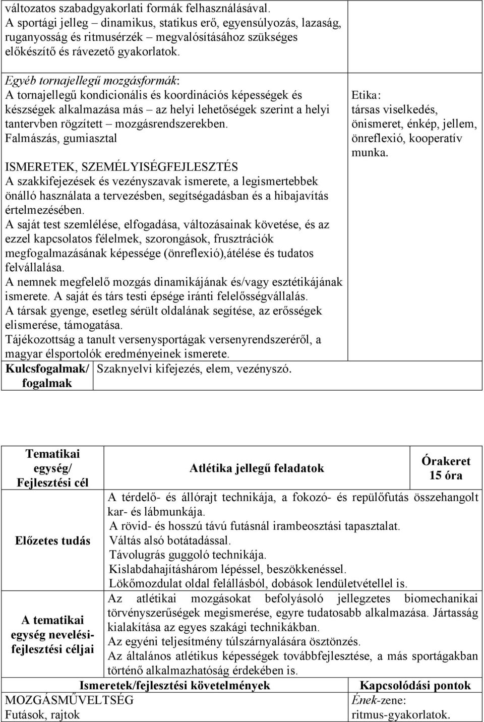 Egyéb tornajellegű mozgásformák: A tornajellegű kondicionális és koordinációs képességek és készségek alkalmazása más az helyi lehetőségek szerint a helyi tantervben rögzített mozgásrendszerekben.