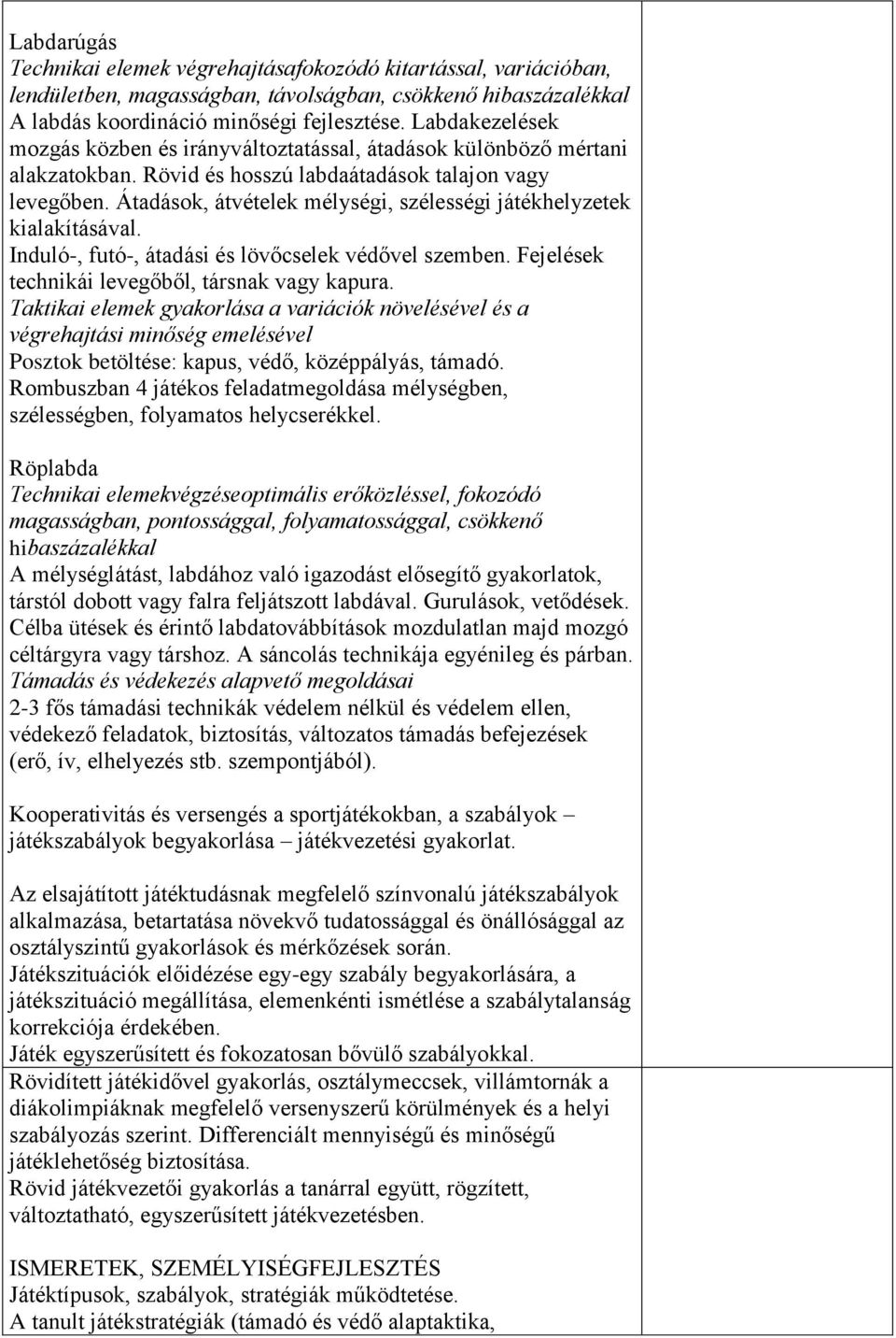 Átadások, átvételek mélységi, szélességi játékhelyzetek kialakításával. Induló-, futó-, átadási és lövőcselek védővel szemben. Fejelések technikái levegőből, társnak vagy kapura.