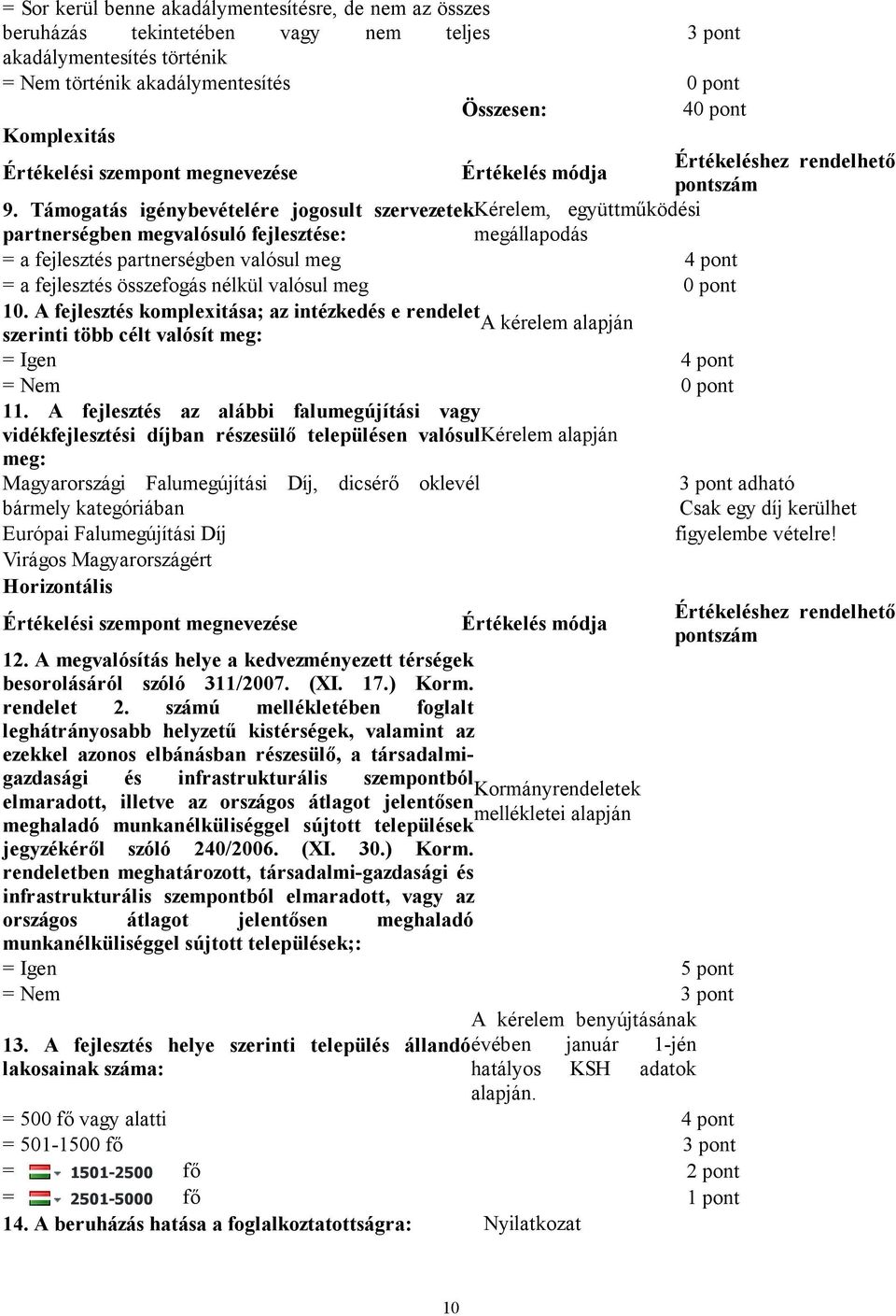 nélkül valósul meg 0 pont 10. A fejlesztés komplexitása; az intézkedés e rendelet A kérelem alapján szerinti több célt valósít meg: 11.