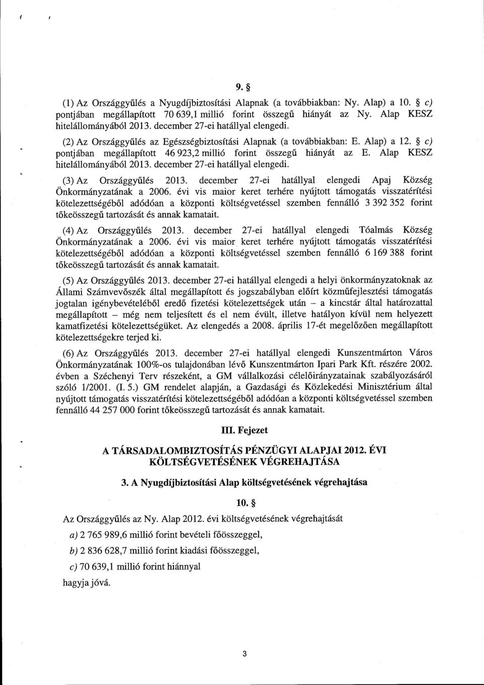 Alap KESZ hitelállományából 2013. december 27-ei hatállyal elengedi. (3) Az Országgy űlés 2013. december 27-ei hatállyal elengedi Apaj Közsé g Önkormányzatának a 2006.