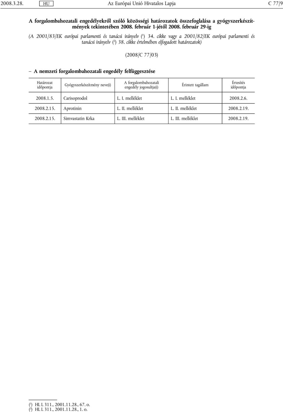 cikke értelmében elfogadott határozatok) (2008/C 77/03) A nemzeti forgalombahozatali engedély felfüggesztése Határozat időpontja Gyógyszerkészítmény neve(i) A forgalombahozatali engedély