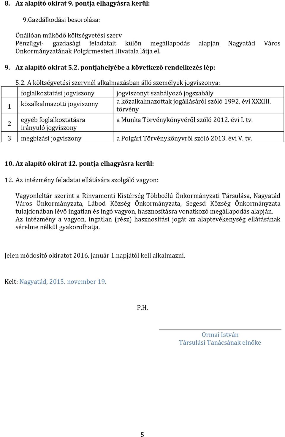 Az alapító okirat 5.. pontjahelyébe a következő rendelkezés lép: 1 5.