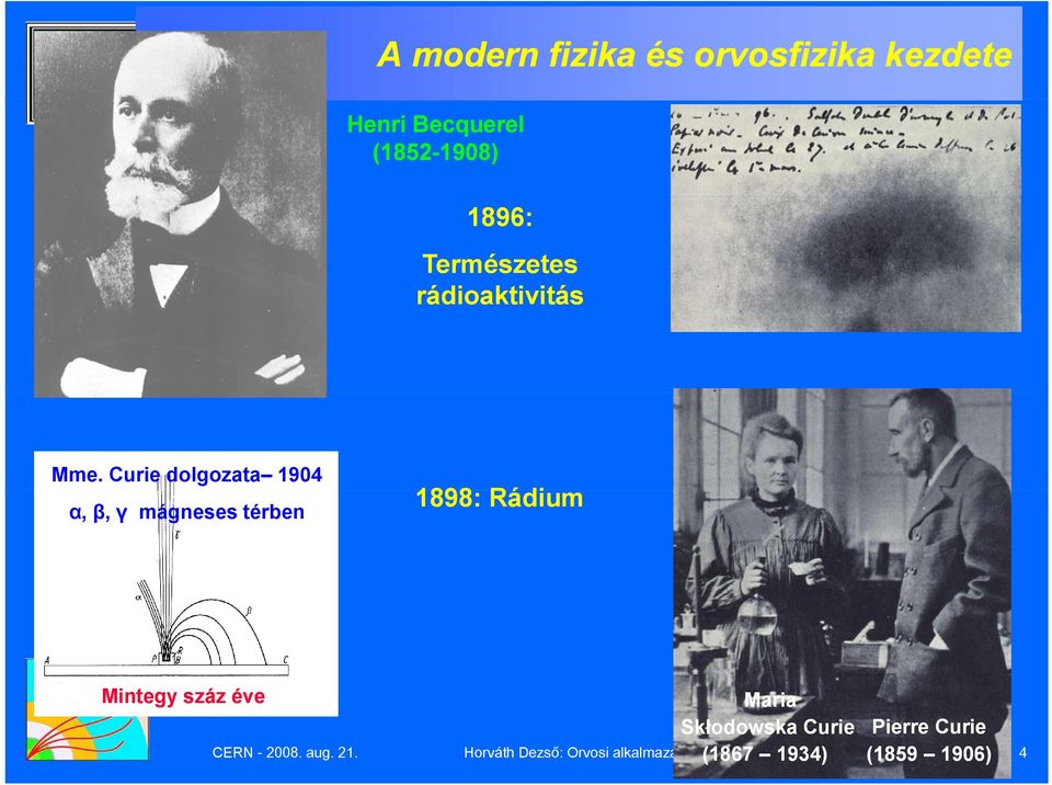 Curie dolgozata 1904 α, β, γ mágneses térben 1898: Rádium Mintegy száz éve