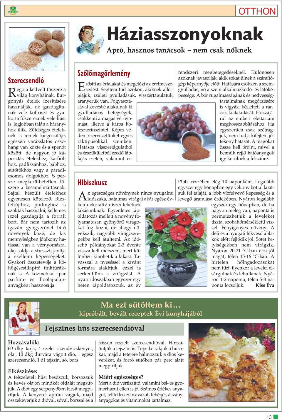 Zöldséges ételeknek is remek kiegészítõje, egészen varázslatos összhang van közte és a spenót között, de nagyon jó káposztás ételekhez, karfiolhoz, padlizsánhoz, babhoz, sütõtökhöz vagy a
