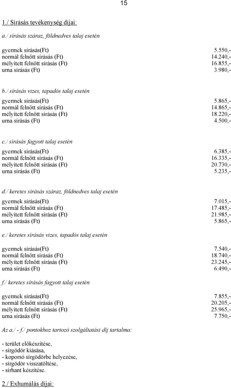 500,- c./ sírásás fagyott talaj esetén gyermek sírásás(ft) 6.385,- normál felnőtt sírásás (Ft) 16.335,- mélyített felnőtt sírásás (Ft) 20.730,- urna sírásás (Ft) 5.235,- d.