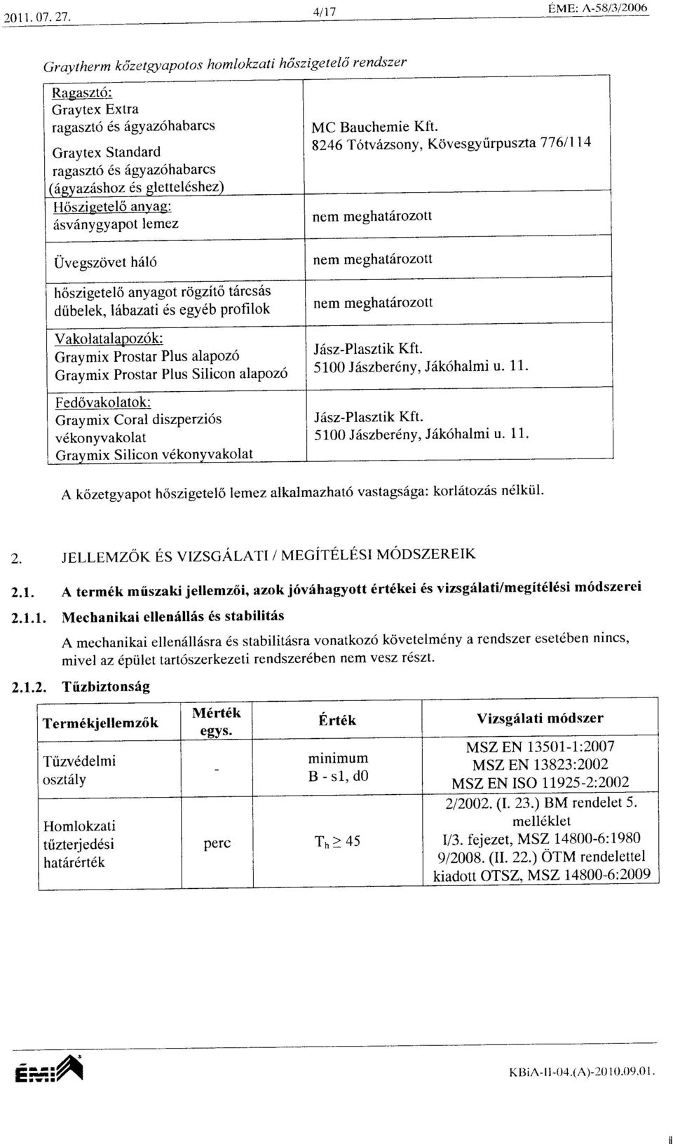 azdshoz 6s glettel6shez) Hoszigetelo anyag: 6sv6nygyapot lemez Uvegszovet h6l6 hoszi getel6 anyagot t o gzito tsrcs6s diibelek, lihazati 6s egydb profilok Vakolatalapozok: Graymix Prostar Plus