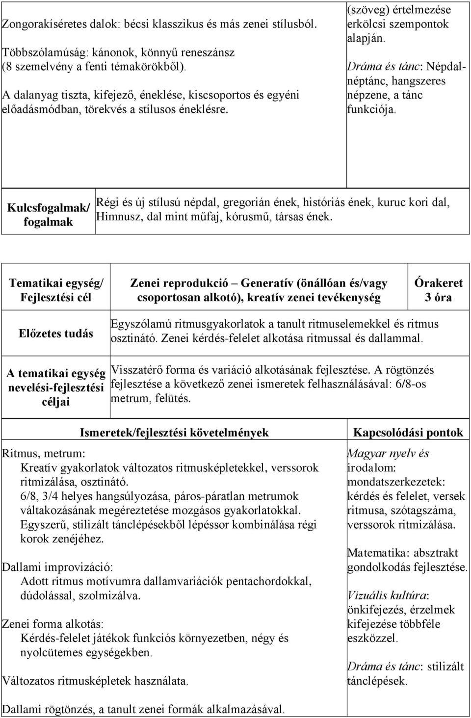 Dráma és tánc: Népdalnéptánc, hangszeres népzene, a tánc funkciója. Kulcs/ Régi és új stílusú népdal, gregorián ének, históriás ének, kuruc kori dal, Himnusz, dal mint műfaj, kórusmű, társas ének.