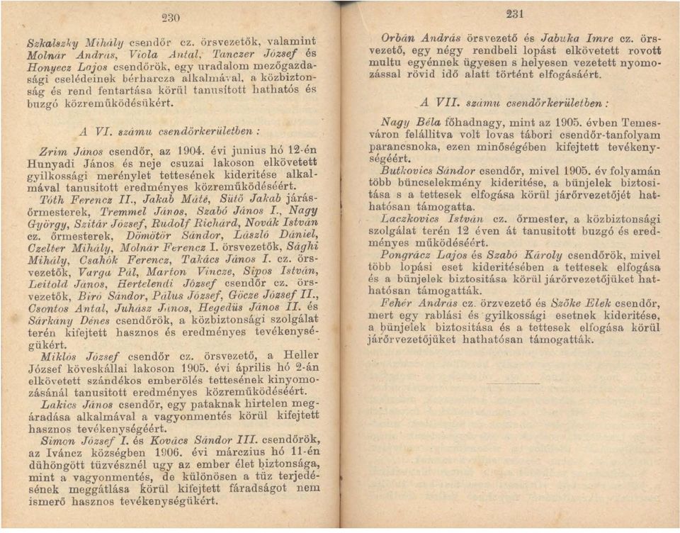 közi emltködésiikért. A VI. számu csendől'keriiletben: Zrim János csendőr, az 1904.