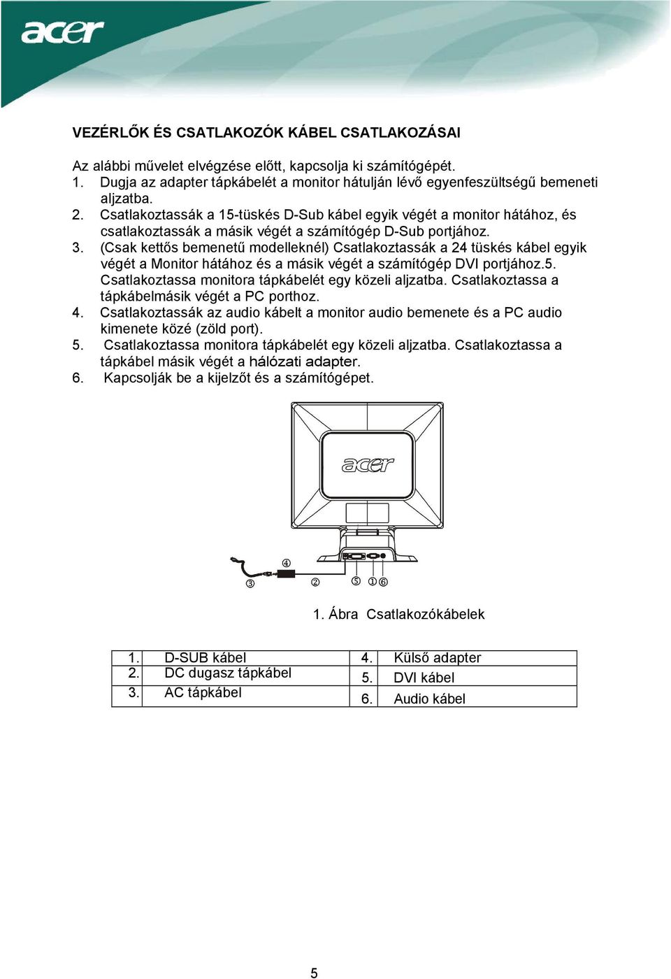 (Csak kettős bemenetű modelleknél) Csatlakoztassák a 24 tüskés kábel egyik végét a Monitor hátához és a másik végét a számítógép DVI portjához.5.