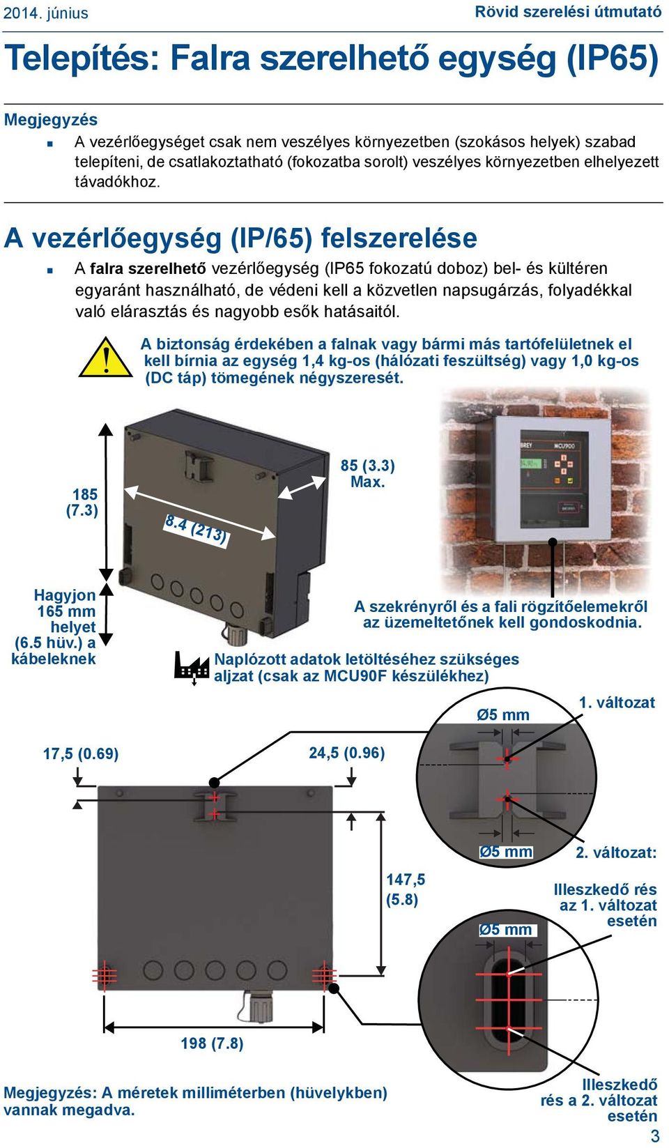 A vezérlőegység (IP/65) felszerelése A falra szerelhető vezérlőegység (IP65 fokozatú doboz) bel- és kültéren egyaránt használható, de védeni kell a közvetlen napsugárzás, folyadékkal való elárasztás