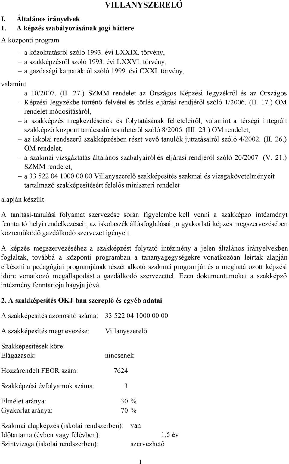 ) SZMM rendelet az Országos Képzési Jegyzékről és az Országos Képzési Jegyzékbe történő felvétel és törlés eljárási rendjéről szóló 1/2006. (II. 17.