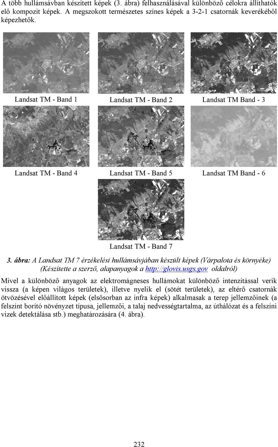 ábra: A Landsat TM 7 érzékelési hullámsávjában készült képek (Várpalota és környéke) (Készítette a szerző, alapanyagok a http://glovis.usgs.