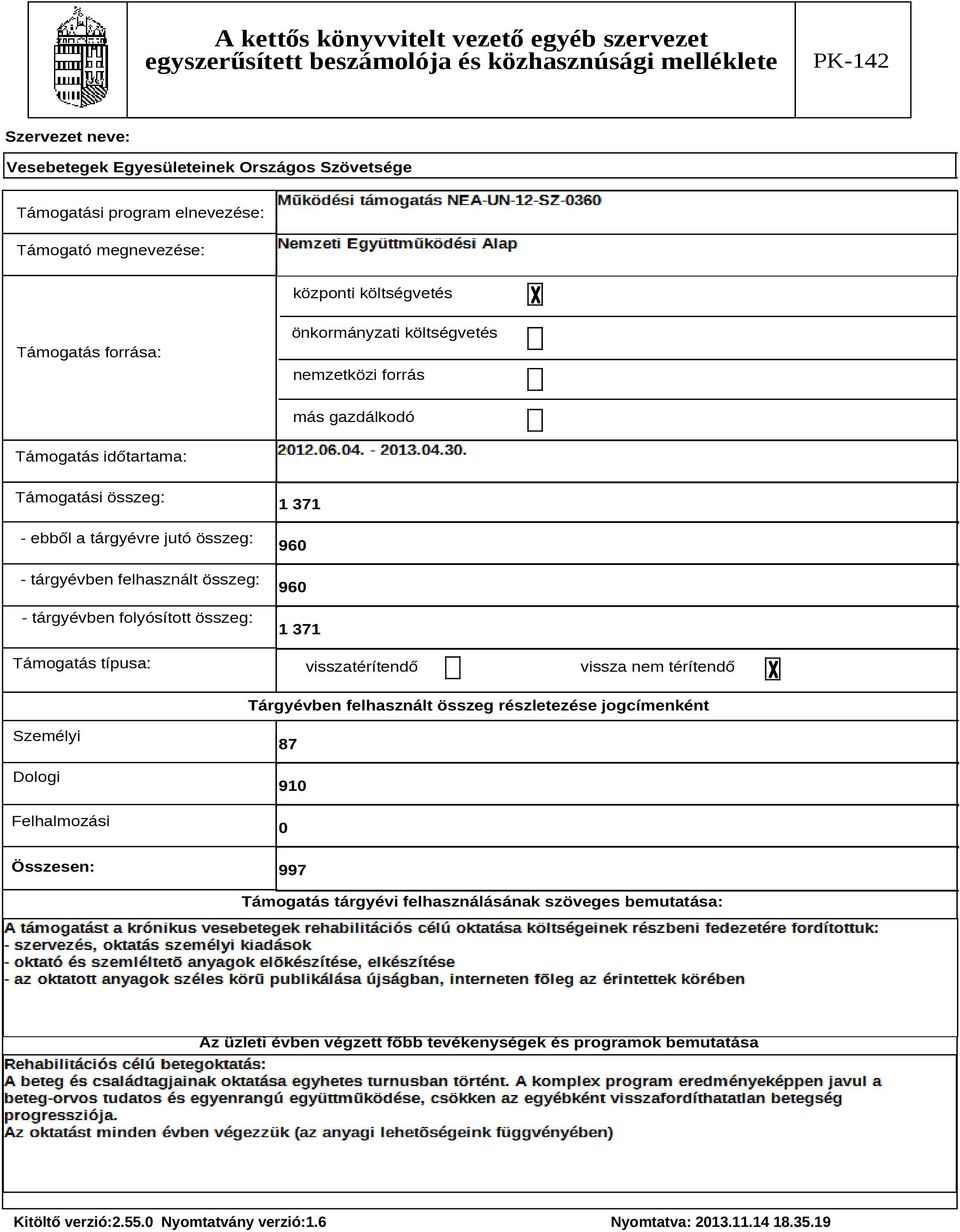 visszatérítendő vissza nem térítendő Tárgyévben felhasznált összeg részletezése jogcímenként Személyi Dologi Felhalmozási Összesen: 87 910 0 997 Támogatás tárgyévi