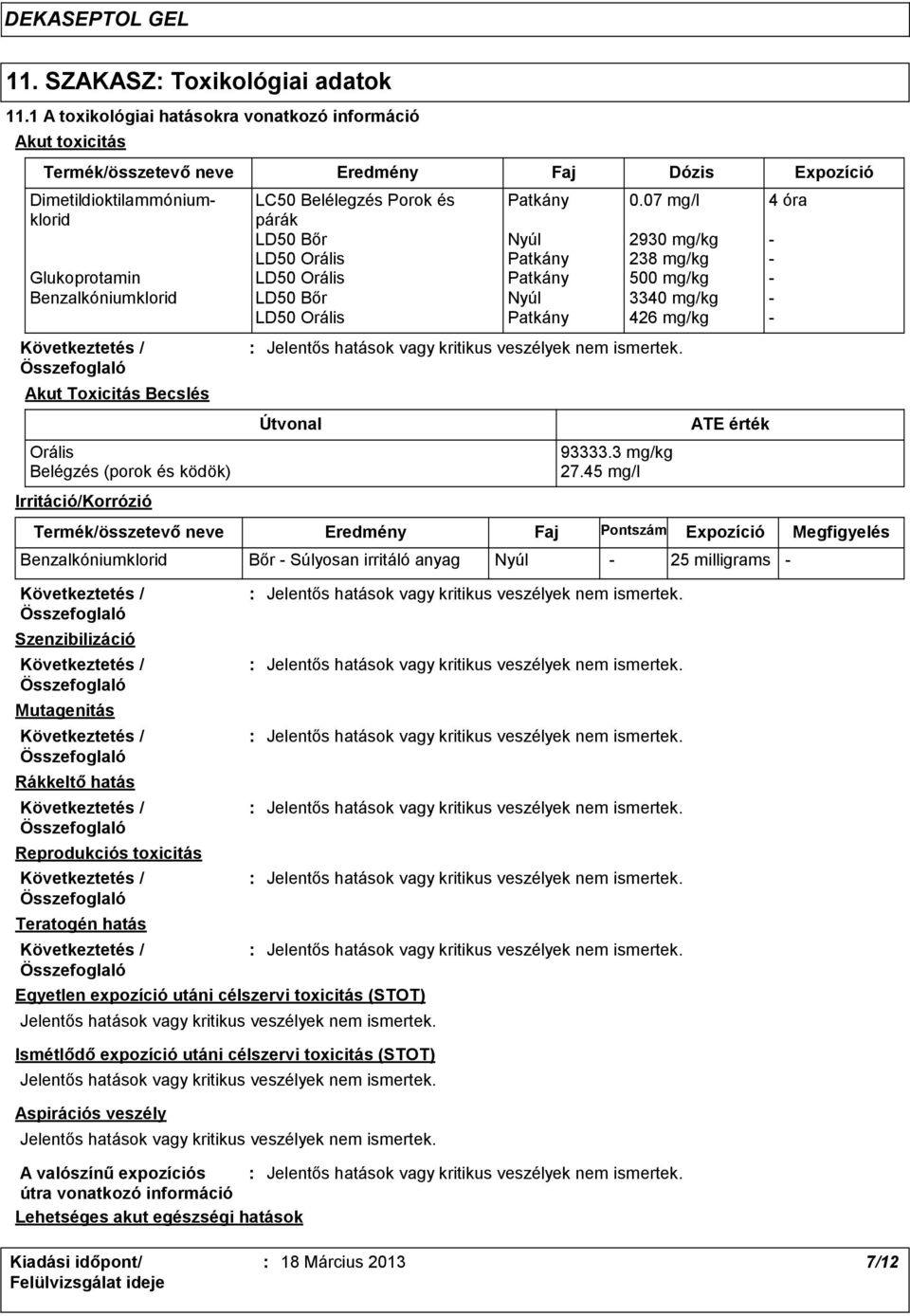 07 mg/l 4 óra párák LD50 Bőr Nyúl 2930 mg/kg LD50 Orális Patkány 238 mg/kg Glukoprotamin LD50 Orális Patkány 500 mg/kg Benzalkóniumklorid LD50 Bőr Nyúl 3340 mg/kg LD50 Orális Patkány 426 mg/kg Akut