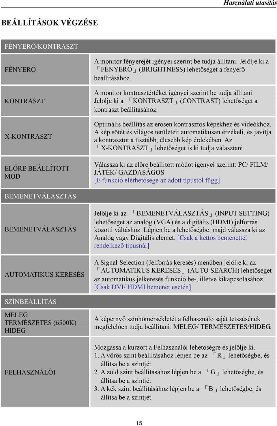 Jelölje ki a KONTRASZT (CONTRAST) lehetőséget a kontraszt beállításához. Optimális beállítás az erősen kontrasztos képekhez és videókhoz.