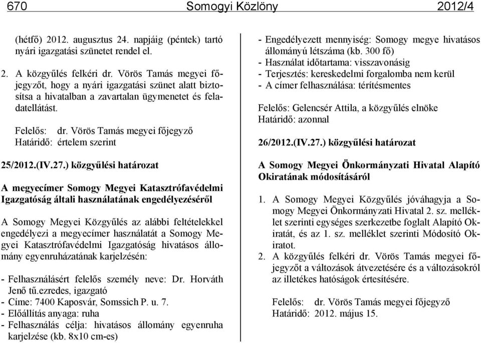 Vörös Tamás megyei főjegyző Határidő: értelem szerint 25/2012.(IV.27.