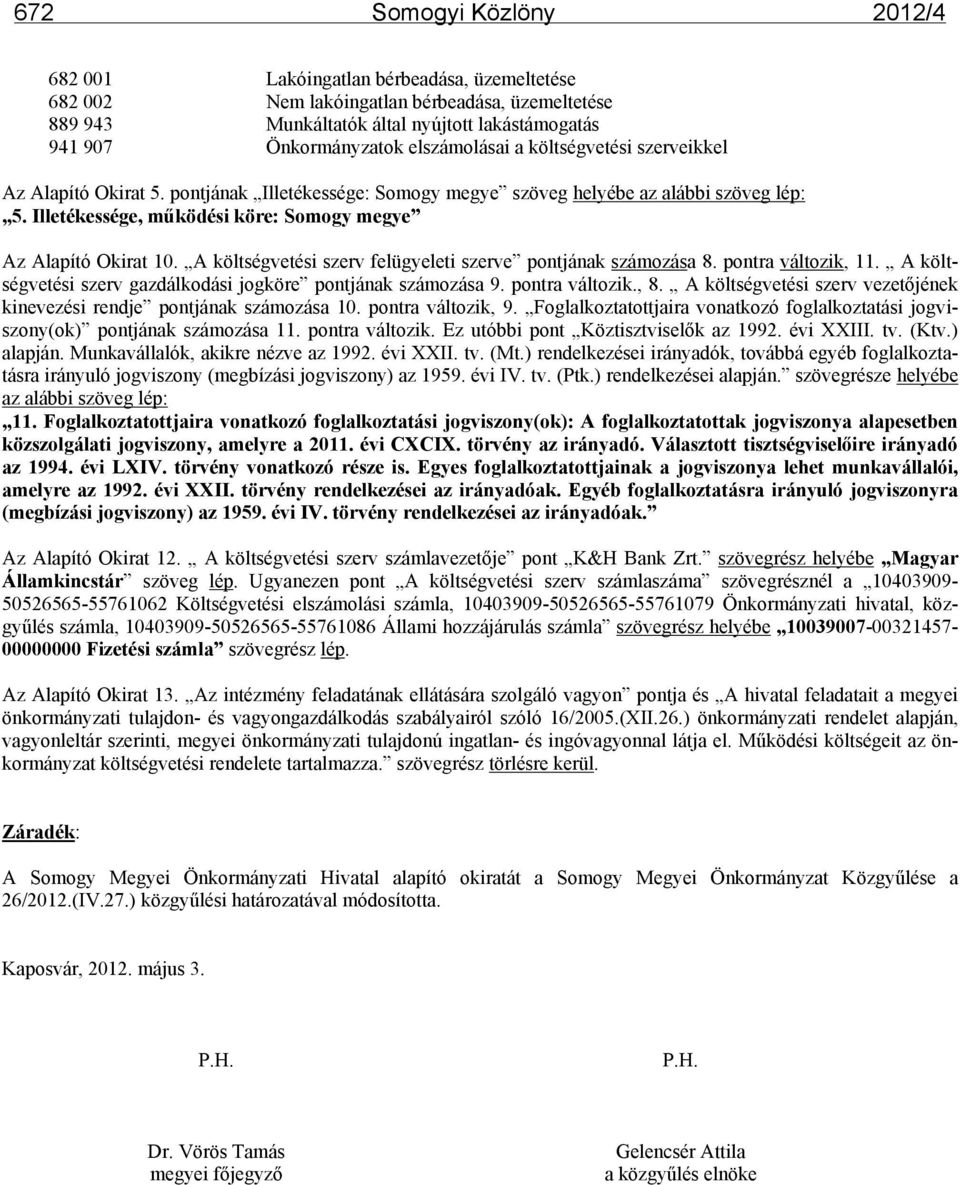 Illetékessége, működési köre: Somogy megye Az Alapító Okirat 10. A költségvetési szerv felügyeleti szerve pontjának számozása 8. pontra változik, 11.