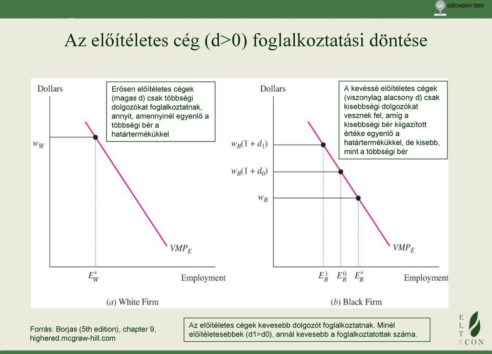 fel, amíg a kisebbségi bér kiigazított értéke egyenlő a határtermékükkel, de kisebb, mint a többségi bér Forrás: Borjas (5th edition), chapter