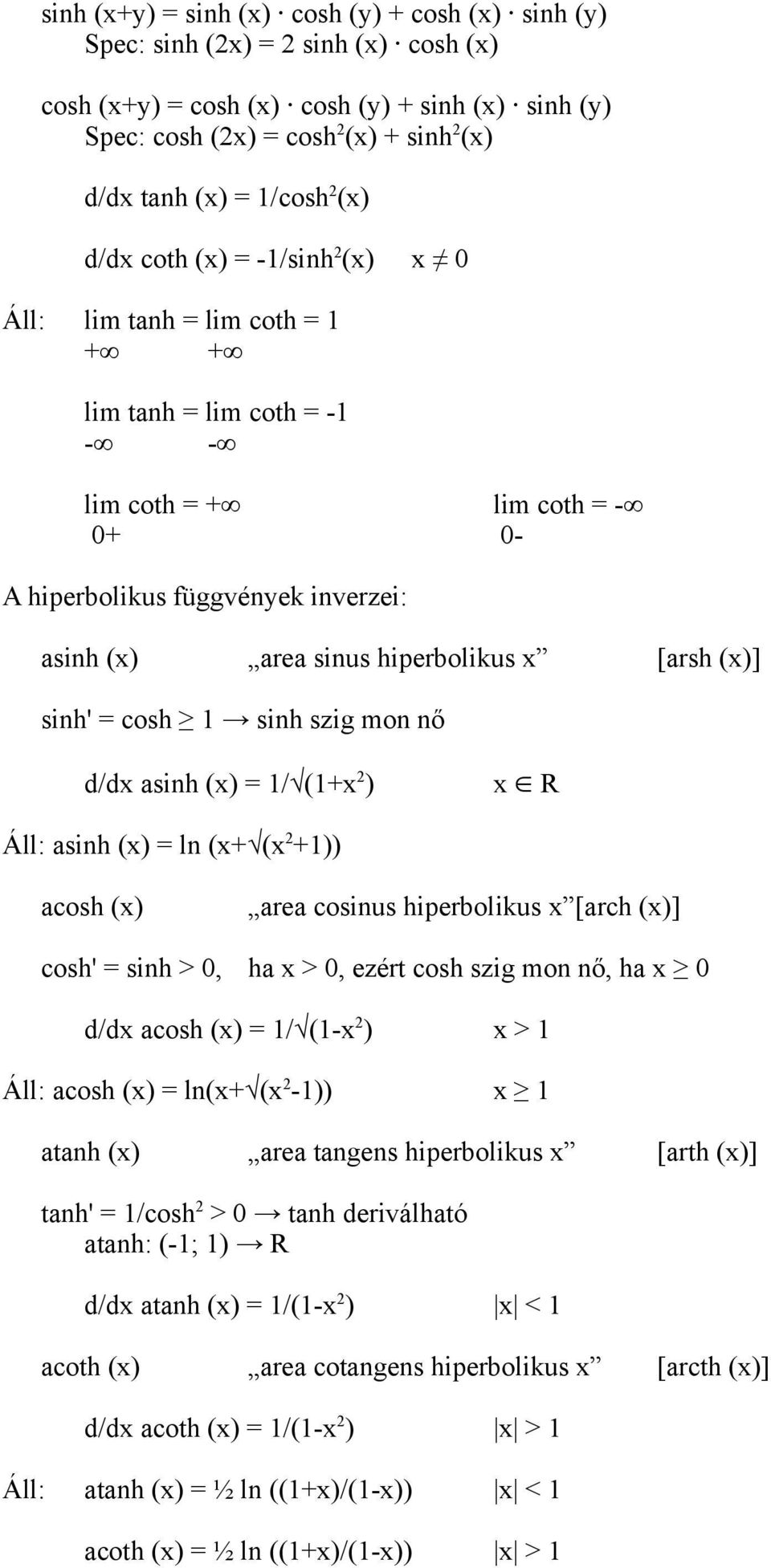 hiperbolikus x [arsh (x)] sinh' = cosh 1 sinh szig mon nő d/dx asinh (x) = 1/ (1+x 2 ) x R Áll: asinh (x) = ln (x+ (x 2 +1)) acosh (x) area cosinus hiperbolikus x [arch (x)] cosh' = sinh > 0, ha x >