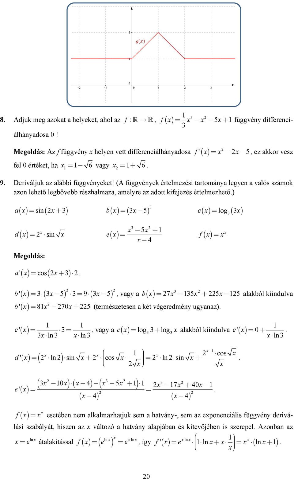 ) = si( + ) b = ( 5) c = log a = si e d 5 + = 4 f = Megoldás: a' = cos +. = ( ) = ( ), vagy a b' 5 9 5 b b' = 8 7+ 5 (természetese a két végeredméy ugyaaz).