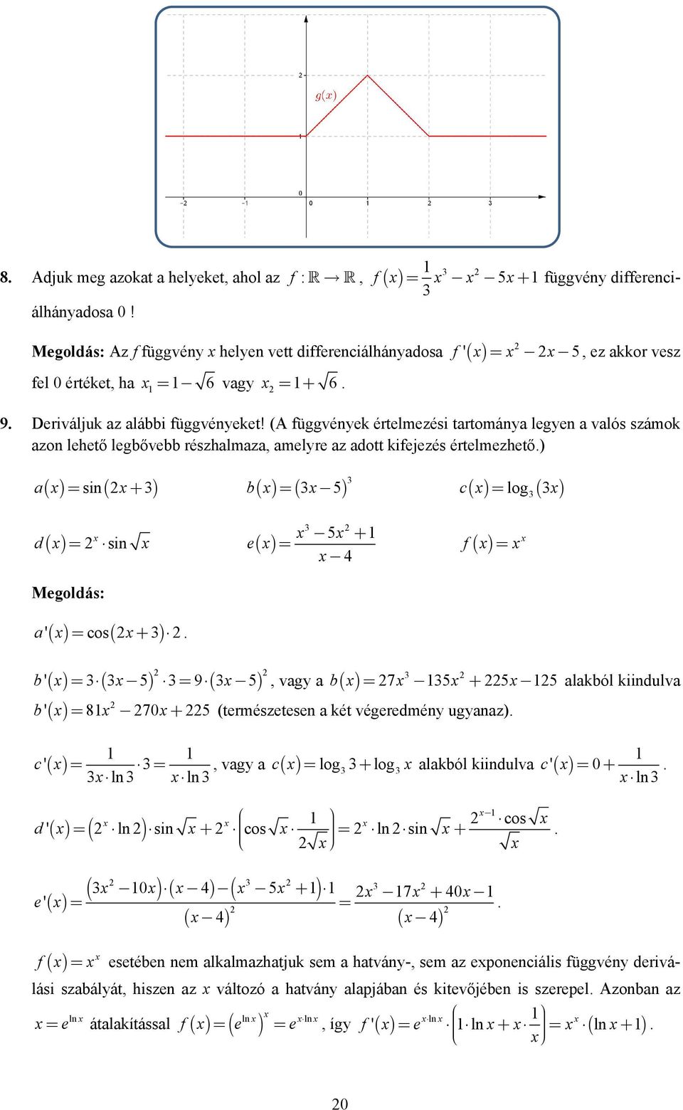 ) = si( + ) b = ( 5) c = log a = si e d 5 + = 4 f = Megoldás: a' = cos +. = ( ) = ( ), vagy a b' 5 9 5 b b' = 8 7+ 5 (természetese a két végeredméy ugyaaz).