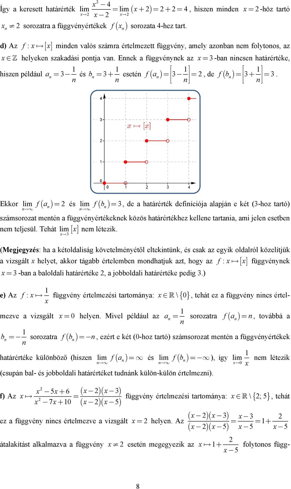 Eek a függvéyek az = -ba icse határértéke, hisze például a = és b = + eseté f ( a ) = =, de f ( b ) = + =.