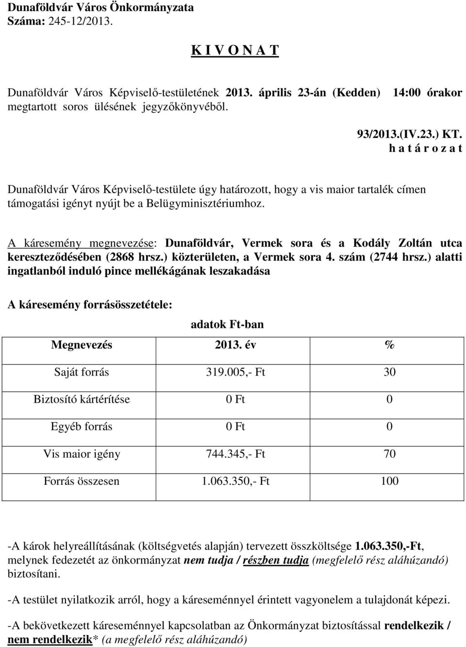 ) alatti ingatlanból induló pince mellékágának leszakadása A káresemény forrásösszetétele: adatok Ft-ban Megnevezés 2013. év % Saját forrás 319.