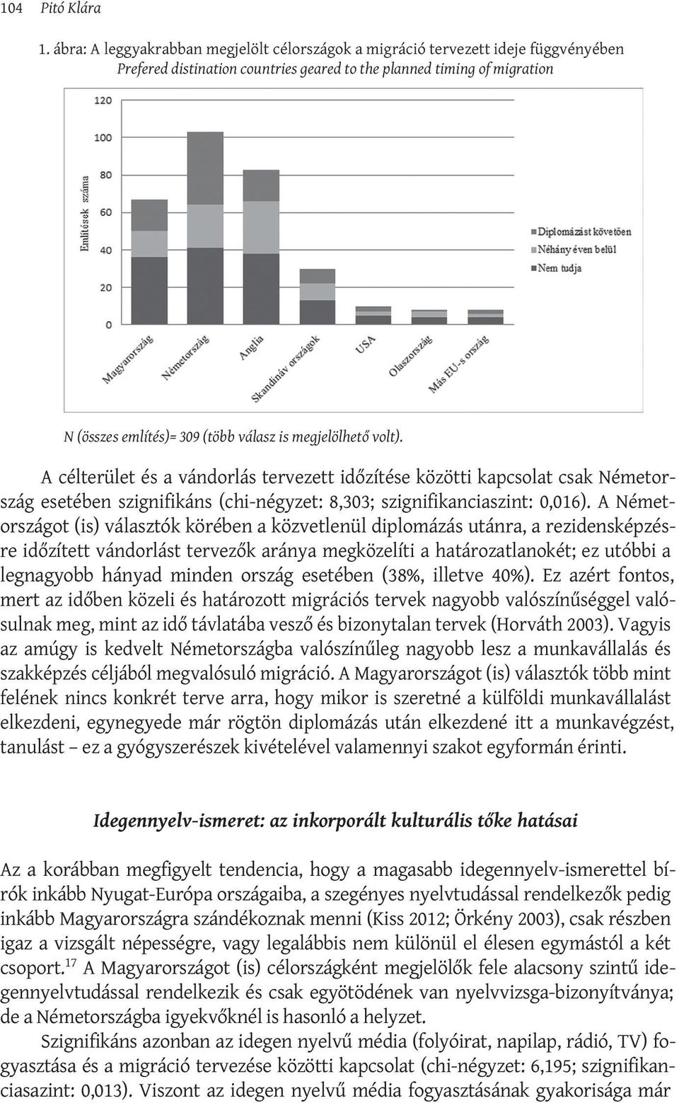 megjelölhető volt). A célterület és a vándorlás tervezett időzítése közötti kapcsolat csak Németország esetében szignifikáns (chi-négyzet: 8,303; szignifikanciaszint: 0,016).