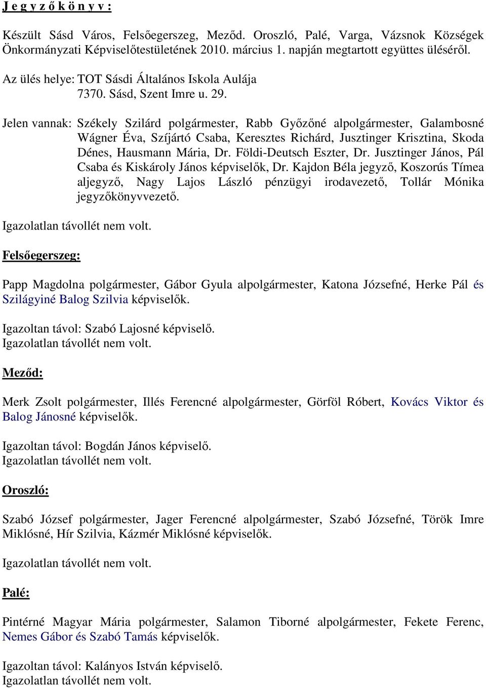 Jelen vannak: Székely Szilárd polgármester, Rabb Győzőné alpolgármester, Galambosné Wágner Éva, Szíjártó Csaba, Keresztes Richárd, Jusztinger Krisztina, Skoda Dénes, Hausmann Mária, Dr.