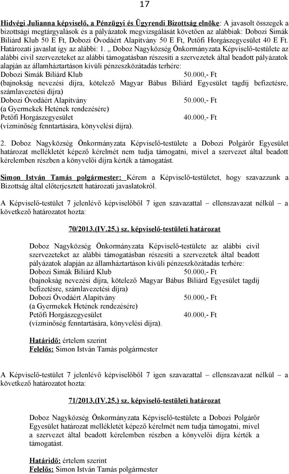 Doboz Nagyközség Önkormányzata Képviselő-testülete az alábbi civil szervezeteket az alábbi támogatásban részesíti a szervezetek által beadott pályázatok alapján az államháztartáson kívüli