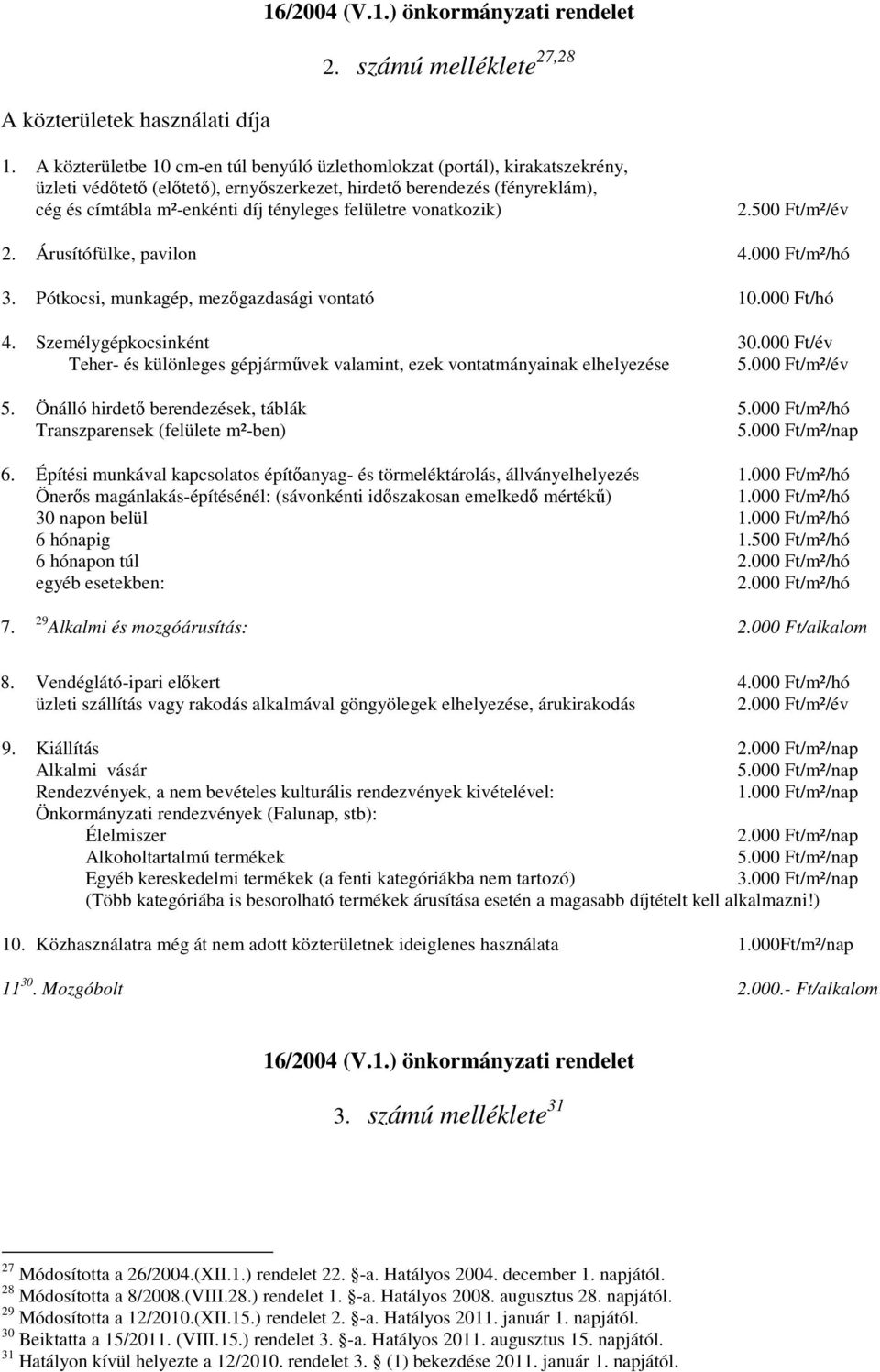 felületre vonatkozik) 2.500 Ft/m²/év 2. Árusítófülke, pavilon 4.000 Ft/m²/hó 3. Pótkocsi, munkagép, mezőgazdasági vontató 10.000 Ft/hó 4. Személygépkocsinként 30.